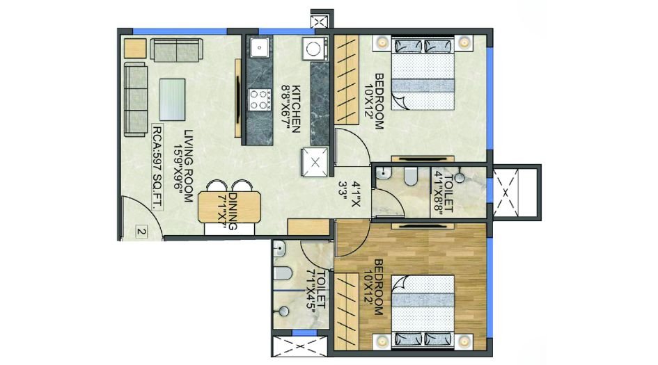 Modis-Rashmi-Signature-Floor-Plan-GH1- 2 BHK-597 Sqft